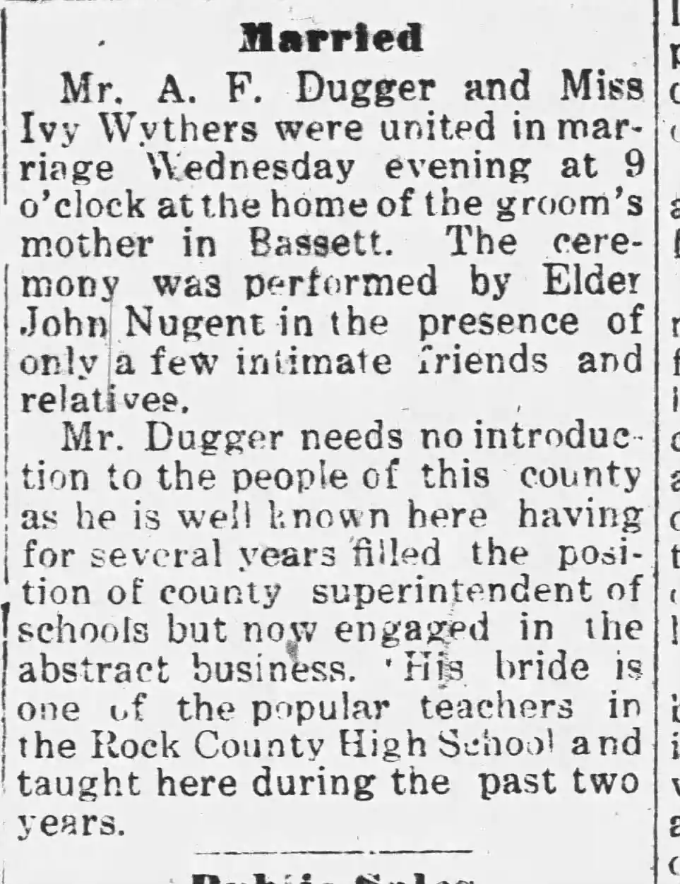 Alex F Dugger marriage Notices